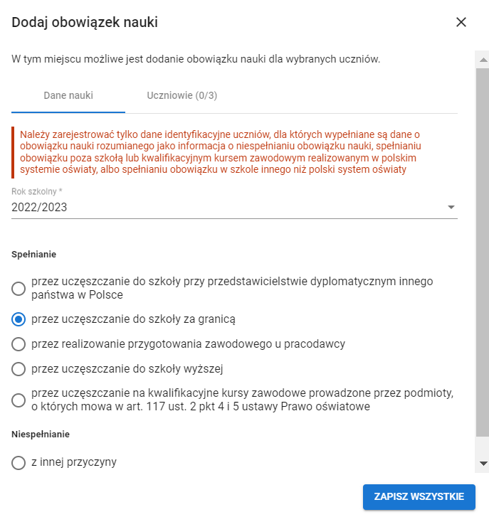 Okno z widokiem na formularz dodania obowiązku nauki dla zaznaczonej grupy osób z przyciskiem zapisz wszystkie