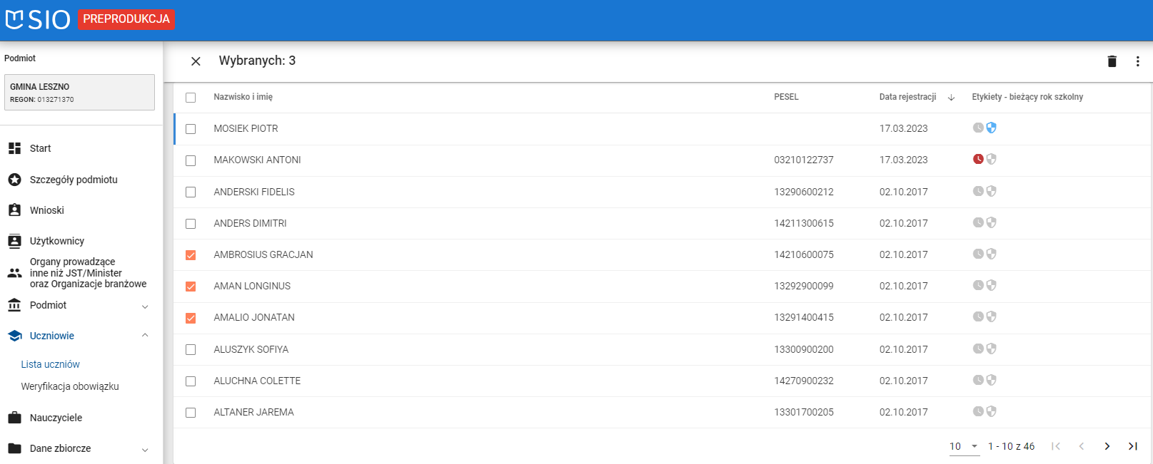 Okno z widokiem na grupowe zaznaczenie wybranych uczniów z listy uczniów programu SIO
