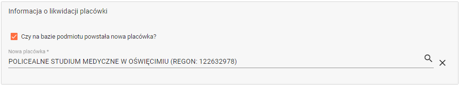 okno z widokiem na informację o likwidacji placówki z wybraną nową placówką