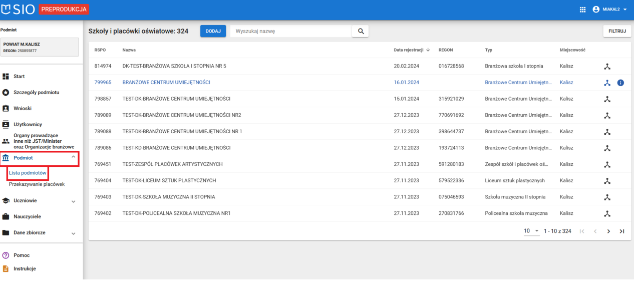 Okno z widokiem na listę podmiotów