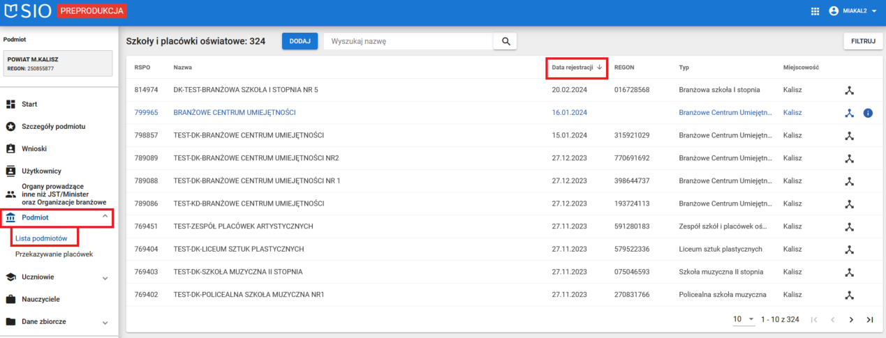 Okno z widokiem na listę podmiotów z oznaczona kolumną data rejestracji