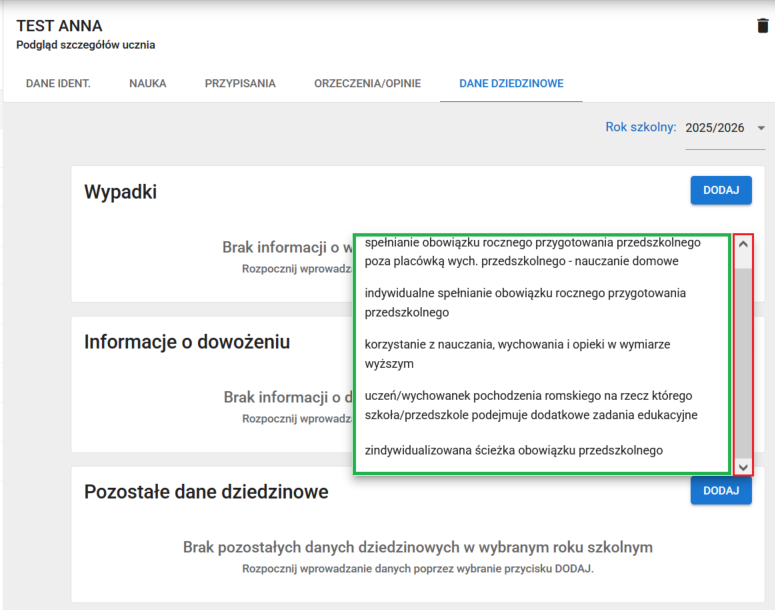 Okno z widokiem na listę rozwiniętych pozostałych danych dziedzinowych, dla uczniów placówek wychowania przedszkolnego 