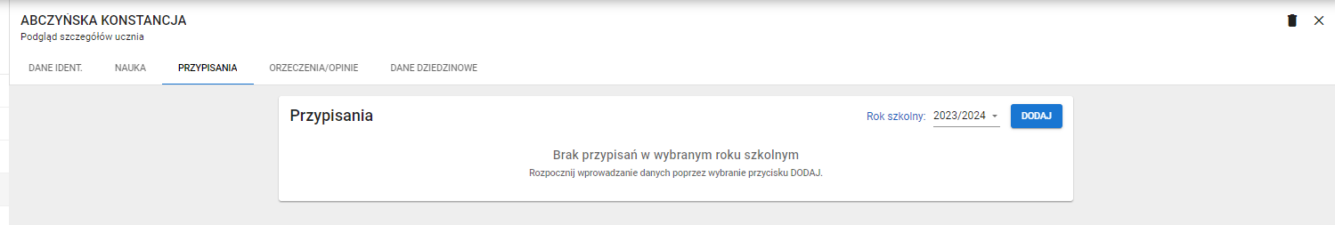 okno z widokiem na listę uczniów i zakładkę przypisania wybranego ucznia