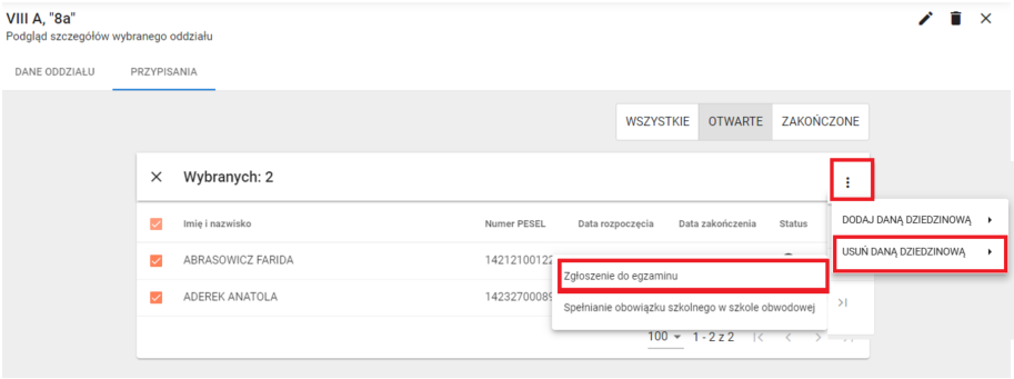 okno z widokiem na listę uczniów w oddziale z odznaczoną z prawej strony funkcją usuń daną dziedzinową