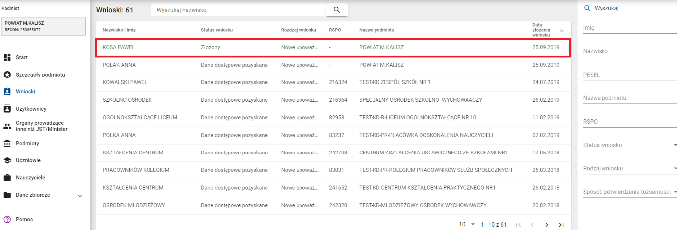 Okno z widokiem na listę wniosków