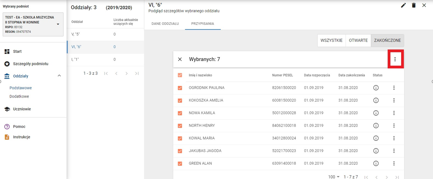 okno z widokiem na liste wybranych uczniów z oznaczonym w prawym górnym rogu przyciskiem menu