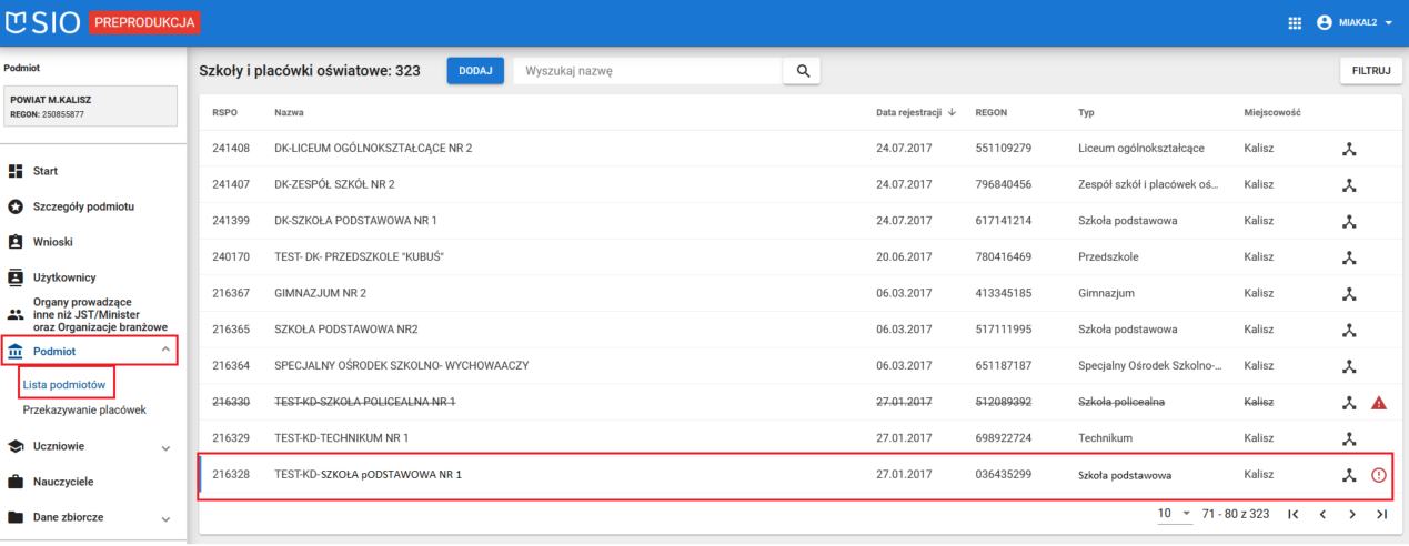 Okno z widokiem na moduł podmiot