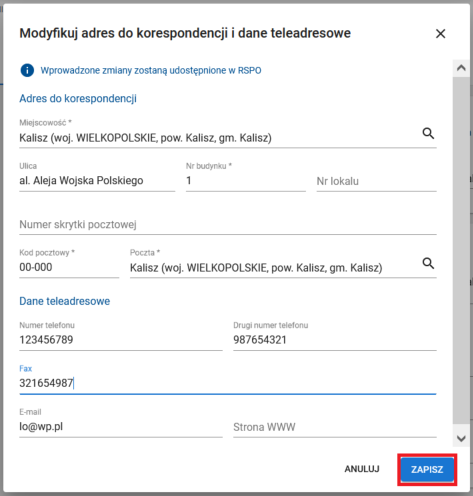 Okno z widokiem na modyfikacje adresu do korespondencji i dane teleadresowe
