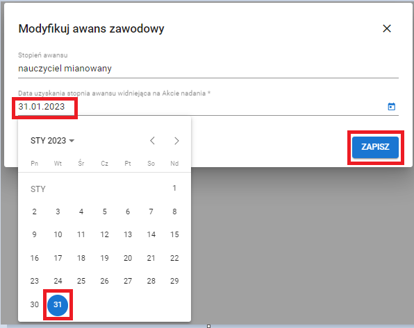 okno z widokiem na możliwość modyfikacji daty awansu zawodowego