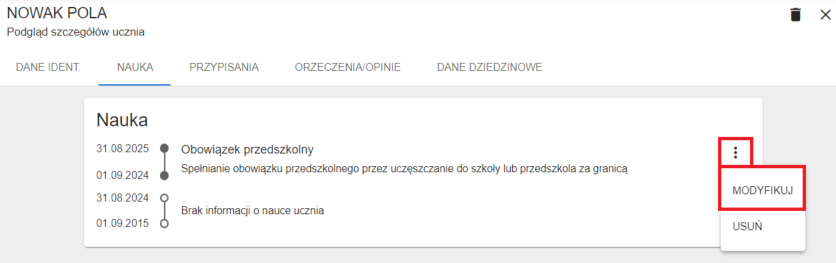 okno z widokiem na możliwość modyfikacji dodanego obowiązku przedszkolnego, z menu w zakładce nauka.