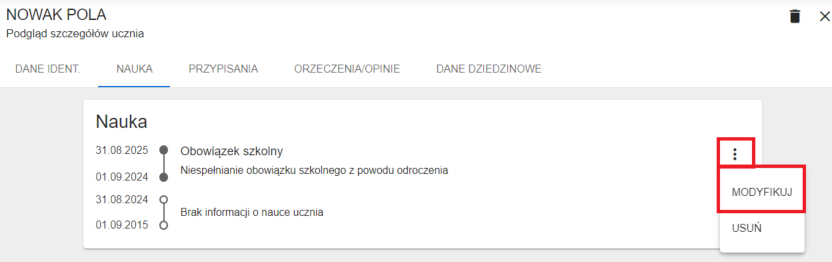 okno z widokiem na możliwość modyfikacji dodanego obowiązku szkolnego, z menu w zakładce nauka