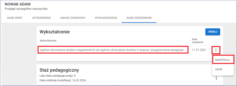 okno z widokiem na możliwość modyfikacji wykształcenia
