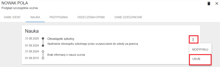 Okno z widokiem na możliwość usunięcia obowiązku szkolnego, z menu w zakładce nauka
