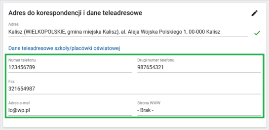 Okno z widokiem na potwierdzony adres do korespondencji i dane teleadresowe
