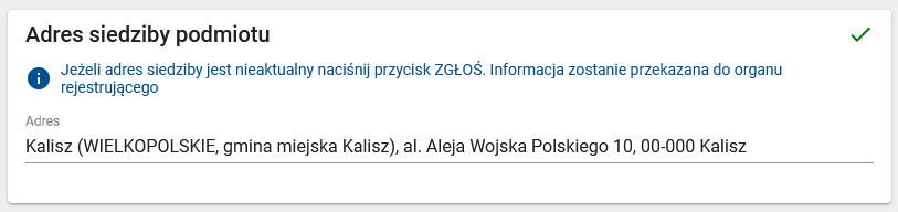 Okno z widokiem na potwierdzony adres siedziby podmiotu