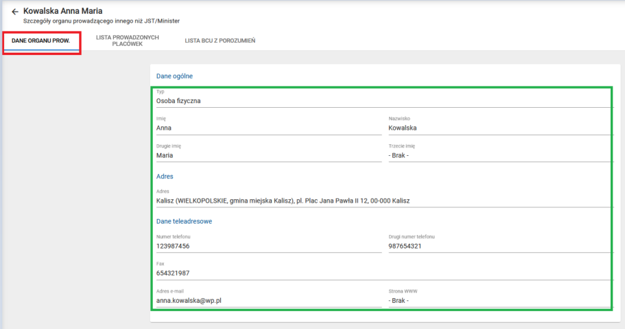 Okno z widokiem na szczegóły organu - osoby fizycznej