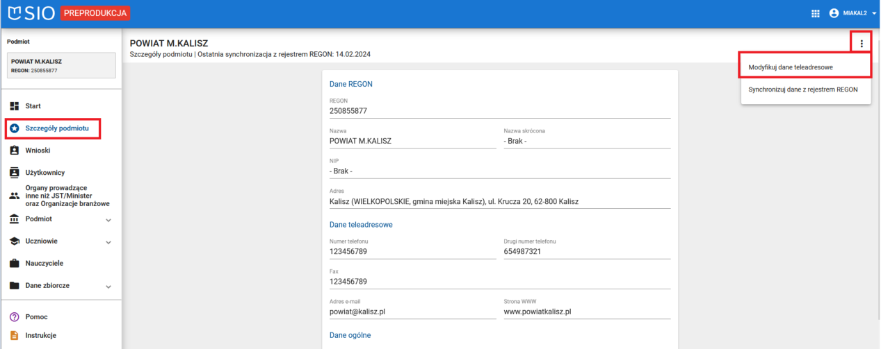 Okno z widokiem na szczegóły podmiotu i zaznaczoną funkcją modyfikuj dane teleadresowe
