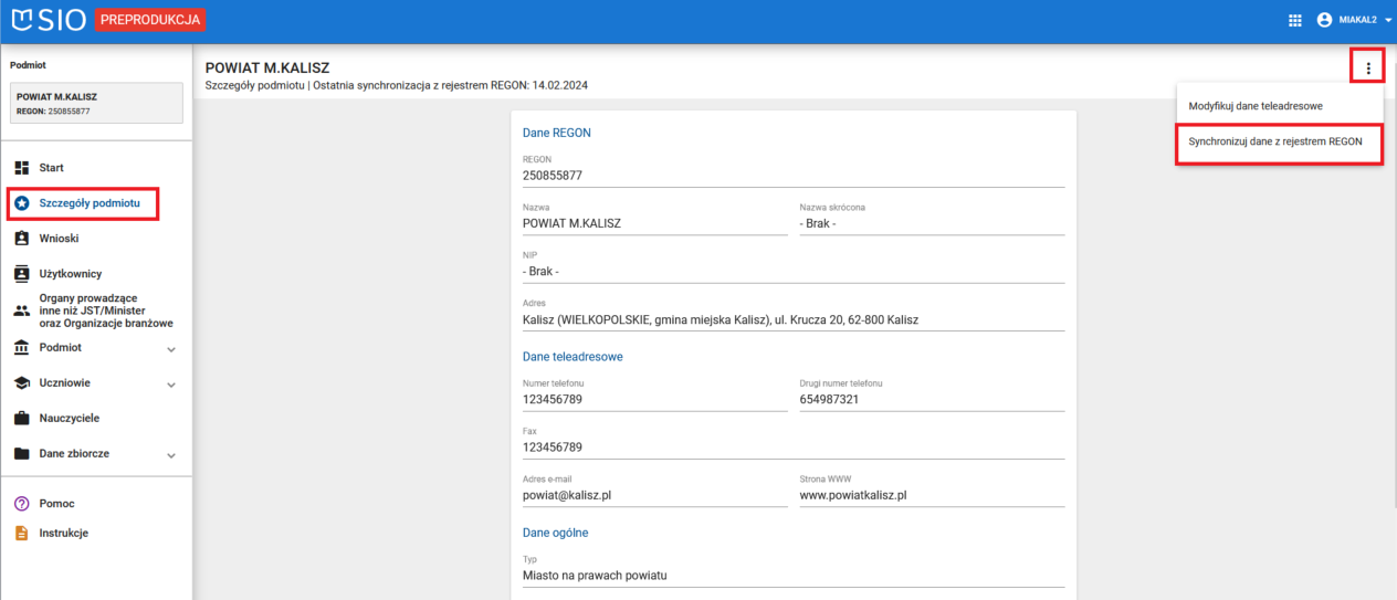 Okno z widokiem na szczegóły podmiotu i zaznaczoną funkcją Synchronizuj dane z rejestrem REGON
