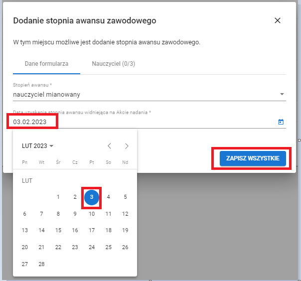 okno z widokiem na szczegóły rejestracji stopnia awansu zawodowego