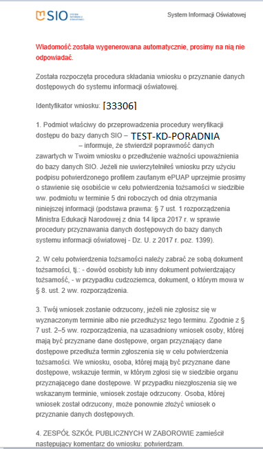Okno z widokiem na treść wiadomości po akceptacji formalnej wniosku z informacją o poprawności danych zawartych we wniosku