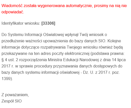 Okno z widokiem na treść wiadomości przychodzącej na e-mail osoby składającej wniosek o przedłużenie upoważnienia z informacją o poprawnym złożeniu wniosku