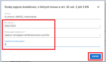 Okno z widokiem na wprowadzone dane dotyczące zajęć dodatkowych
