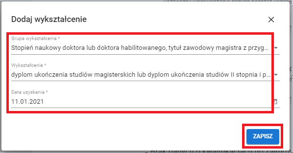 okno z widokiem na wprowadzone wykształcenie