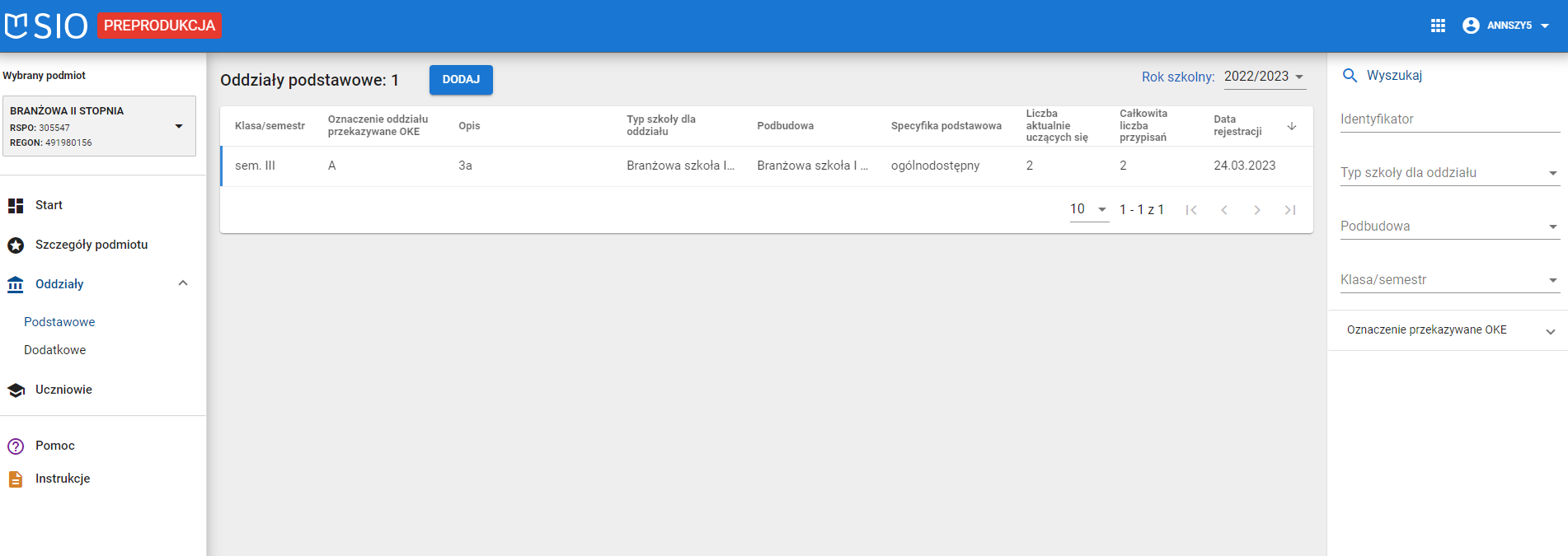 Okno z widokiem na wybór konkretnego oddziału podstawowego z listy zarejestrowanych oddziałów podstawowych w aplikacji SIO