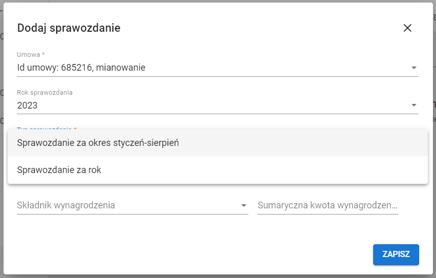 okno z widokiem na wybór rodzaju sprawozdania dotyczącego wynagrodzenia nauczyciela