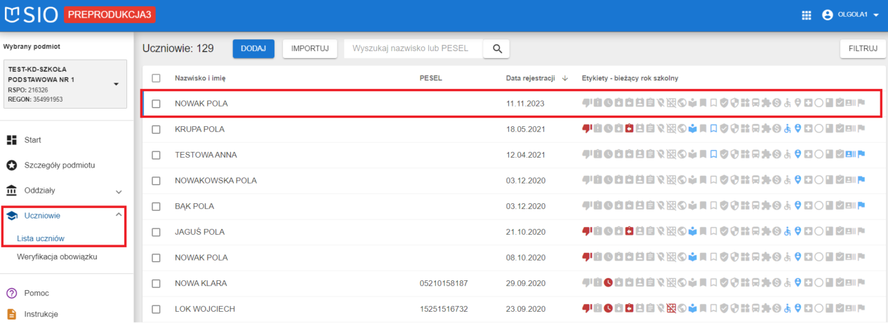 Okno z widokiem na wybór ucznia, z listy uczniów z SIO