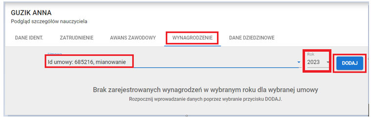 okno z widokiem na wybrany rok i umowę dla której ma być wprowadzone wynagrodzenie