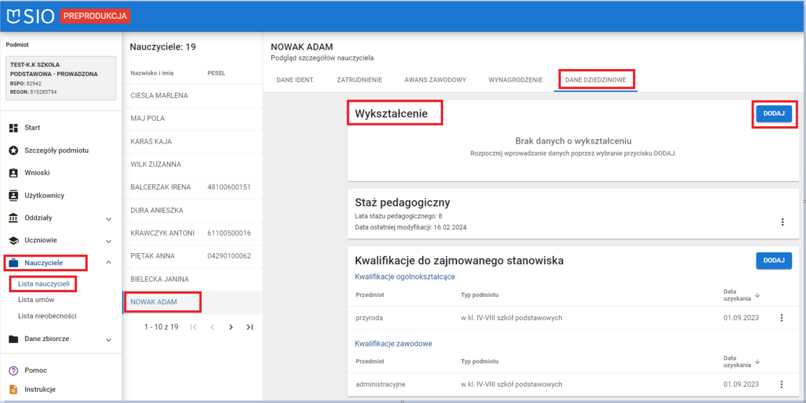 okno z widokiem na wykształcenie po wejściu do zakładki dane dziedzinowe 