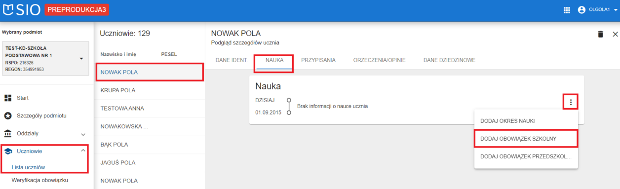 okno z widokiem na zakładkę nauka, z możliwością wyboru z menu, dodania obowiązku szkolnego