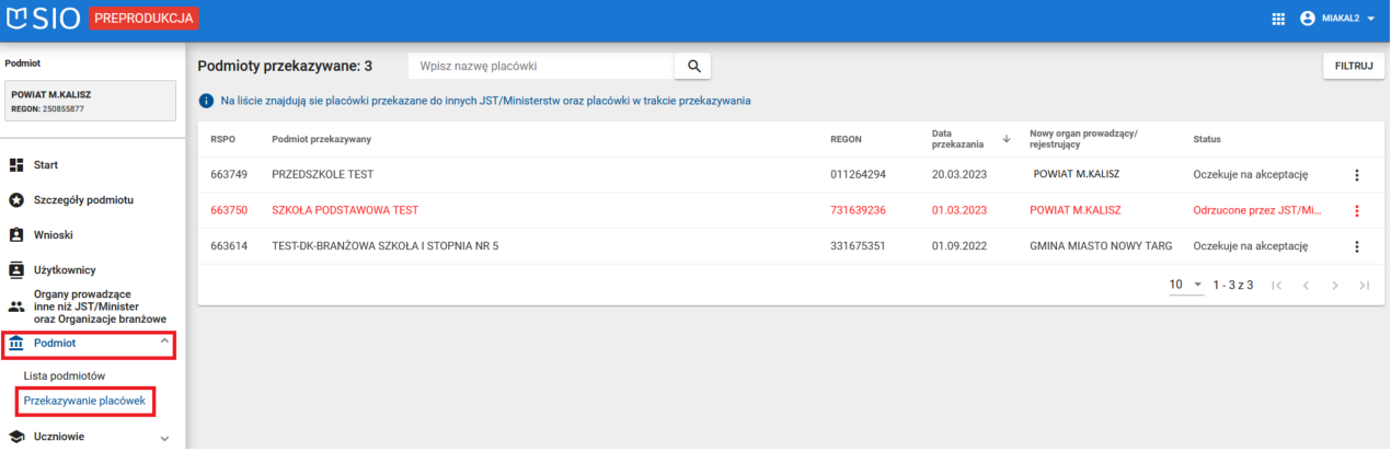 Okno z widokiem na zakładkę podmioty przekazywane