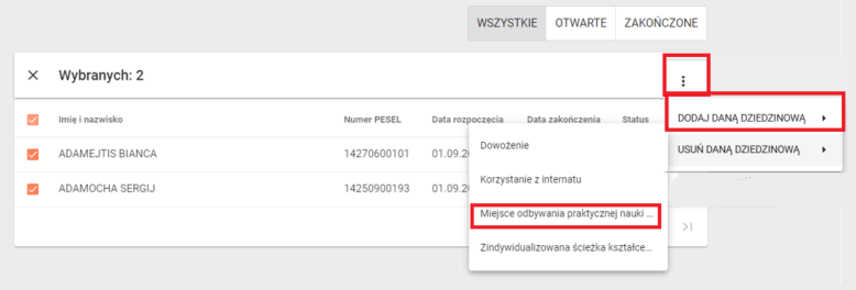 Okno z widokiem na zakładkę przypisania i dodanie danej dziedzinowej a następnie miejsca obywania praktycznej nauki zawodu