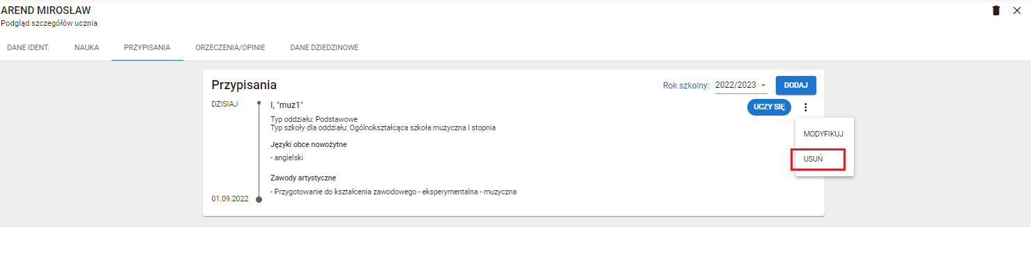 Okno z widokiem na zakładkę przypisania i funkcją usuń w rozwijalnym menu
