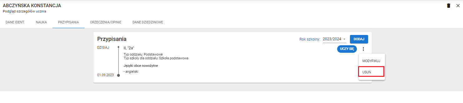 Okno z widokiem na zakładkę przypisania i funkcją usuń w rozwijalnym menu