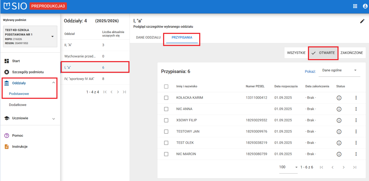 Okno z widokiem na zakładkę przypisania, z wyborem filtra: otwarte