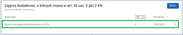 okno z widokiem na zapisane dane dotyczące zajęć dodatkowych nauczyciela