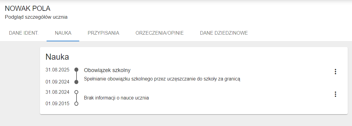 Okno z widokiem na zmieniony wpis obowiązku szkolnego, w zakładce nauka