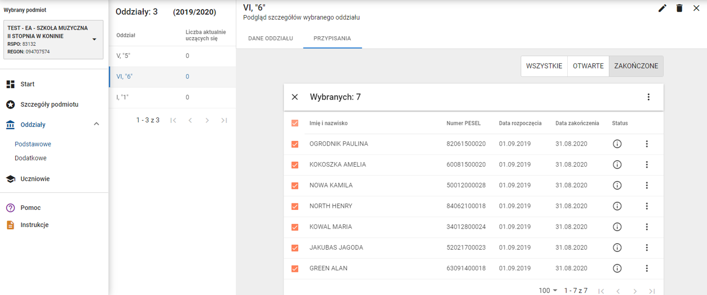 Okno z widokiem oddział podstawowy z oznaczonymi na liście uczniami