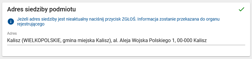 Okno z widokiem potwierdzonego adresu siedziby podmiotu