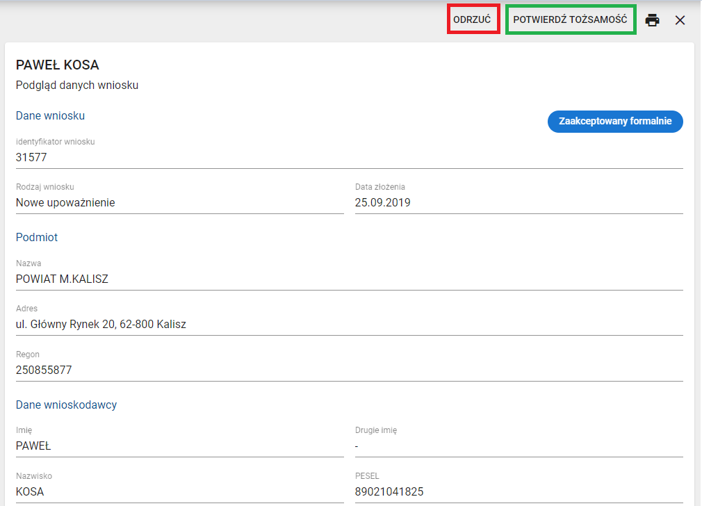 Okno z widokiem wniosku zaakceptowanego formalnie.