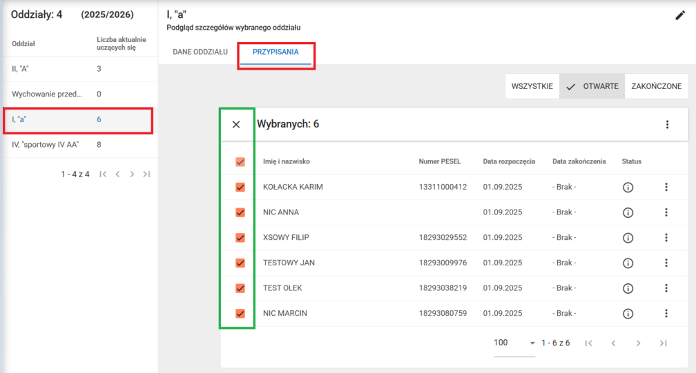 Okno z widokiem zaznaczonych wybranych uczniów