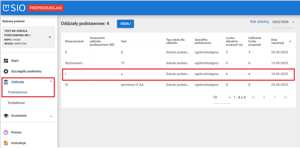 Okno z wyborem modułu oddziały i oddziały podstawowe w programie SIO