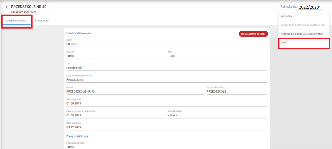 Okno z wybraną opcją usuń