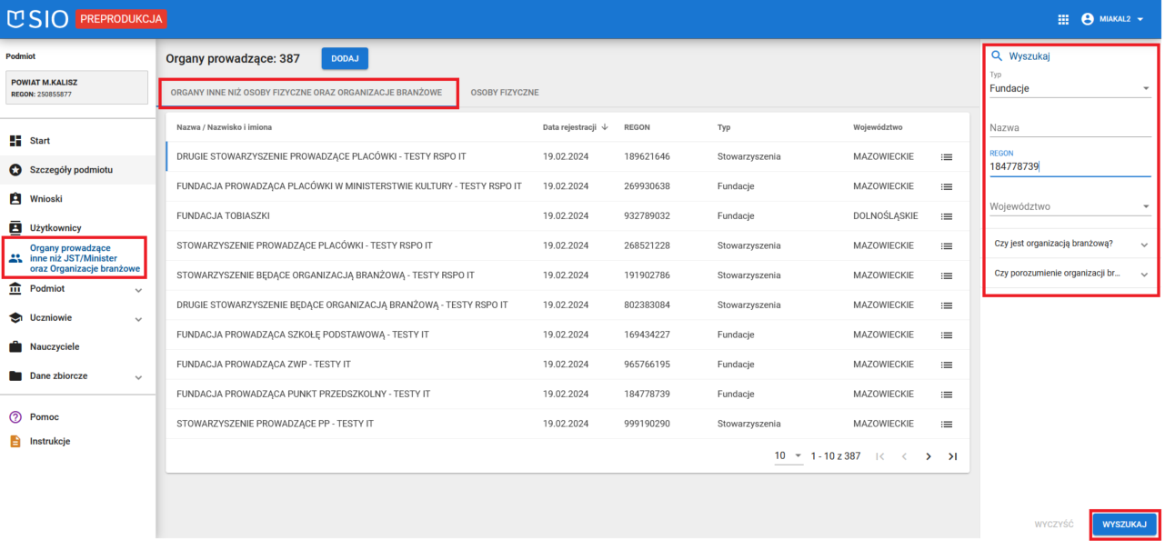 Okno z wykazanymi filtrami