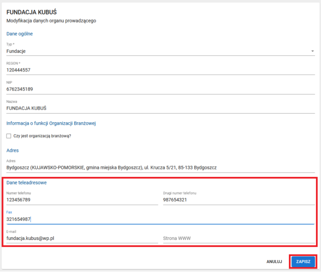 Okno z wypełnionymi danymi teleadresowymi