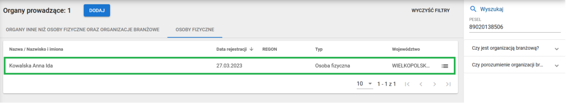Okno z wyszukaną osobą fizyczną na liście