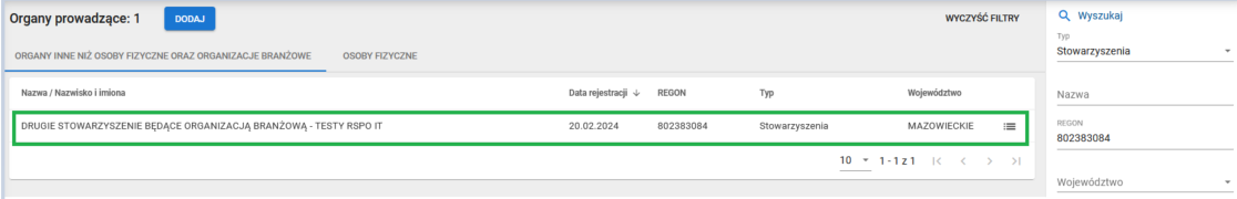 Okno z wyszukanym organem